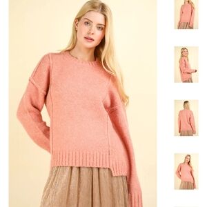 🆕🤍 Fuzzy Feeling Oversized Sweater in Pink Chunky Knit Crew Neck Sweater